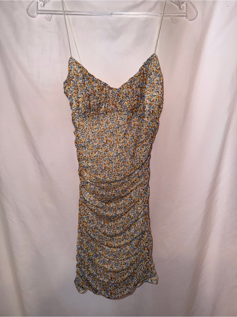 Garage Floral Ruched Mini Dress in Blue and Mustard